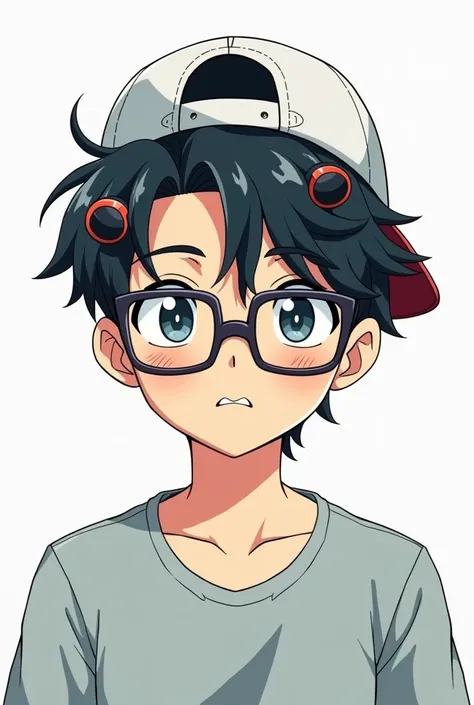  male anime type illustration,  of a black-haired man , curlers, a back cap ,  square glasses and white background , Beardless details RGB  