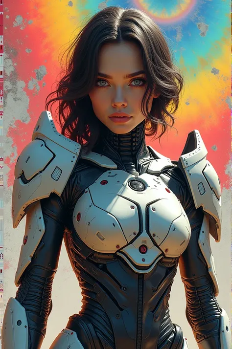 beautiful cyborg woman,Mecha Cyborg Girl,Battle Mode,Girl with a Mecha Body,She wears a futuristic Gundam mecha,Fulll body Shot, background fraktal rainbow line airbrush , grafitti