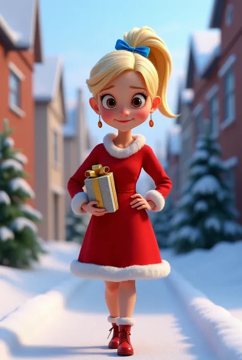 Pixar, beautiful woman, swedish, short blonde with ponytail with a blue ribbon,snowy street, santa dress, young, walking towards camera, christmas trees in distance, hands on hips, holding a present wrapped in gold and silver, Amber Eyes, Naughty, High Res...