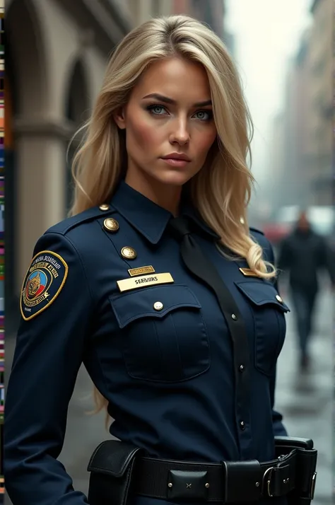 A blond woman with green eyes wearing a police badge 