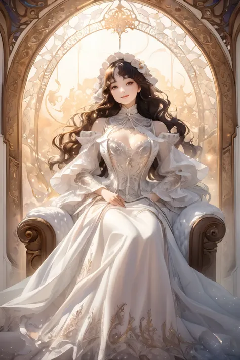 Fusion of Watercolor and Oil Paintings , Fusion of Paper Cutting and Shadow Painting , Mixed Black and Color , beautiful fallen angel reclining in luxurious gorgeous chair, wear (luxurious gorgeous, beautiful amazing white angel costume with lace ruffl...
