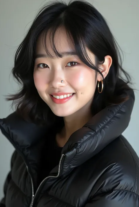  beautiful Korean women with good ratios、 black hair、 Hairstyle shortcuts、、、Ear piercing、 black down jacket、smile、 beautiful alignment of teeth、 trainer、 upper body、 Neutral Backgrounds 、 frontal angle
