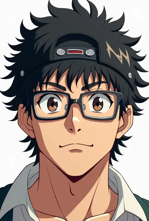  anime-like illustration very masculine,  of a black-haired man , curlers, a back cap ,  square glasses and white background , Without Beard,  dark brown eyes  