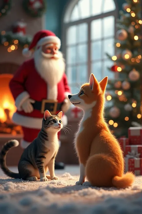 A cat with a dog and Santa Claus