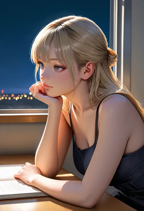 Masterpiece, highest quality, high resolution, 8k,(realistic, photorealistic: 1.3),night, sit by the window , be illuminated by the moonlight ,Put your elbow on the desk ,Resting your chin on your hand, indulge in memories of your first love,half updo