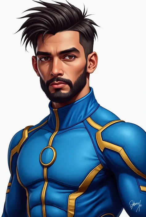 "Please,  draw a man with features similar to Rauw Alejandro. has light brown skin, well-defined beard, expressive brown eyes,  and short, stylized hair with a modern touch .  Wear a blue suit inspired by the Power Rangers , with bright details and a futur...