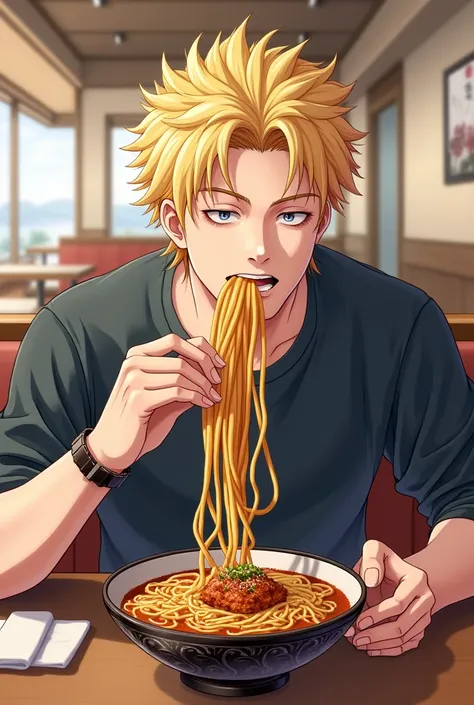 The name is Takeo 
Flirtatious 
crazy hairstyle 
young men 

Im eating makanai curry udon from a udon restaurant
Beef tendon 
Squid heaven
Shichimi is being added to udon 

Im eating while being fed up 
Im at a udon restaurant 
Eating udon while holding ha...