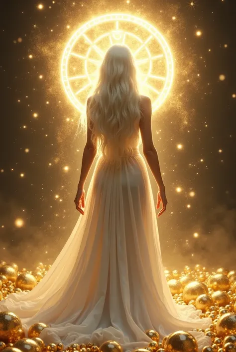  A woman with very long white hair ,  wearing a dress of the same color and shiny ,  with a circle of magic behind it and magic runes,  also with a white or gold aura , backwards. Surrounded by golden things  