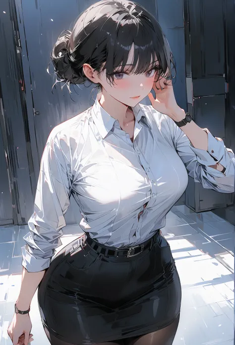 (masterpiece, best quality:1.2), 1 mature woman, alone, cool, sexy, (office_black_skirt), (white_oxford_shirts:1.2), (office look female), cowboy shot, black hair, hair bun, black eyes, (office_background:1.2), (pantyhose:1.3)