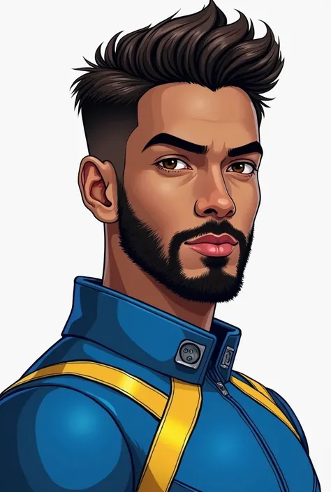 "Please,  draw a man with features similar to Rauw Alejandro. has light brown skin, well-defined beard, expressive brown eyes,  and short, stylized hair with a modern touch .  Wear a blue suit inspired by the Power Rangers , with bright details and a futur...