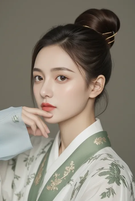 1 woman,Alone, Korea Joseon Dynasty Neat Hairstyle,Tailor-made stylish hanbok , realistic,lips,parted lips, cowboy shot ,afternoon, blurry background ,Zitome,Exquisite Korean Joseon Dynasty Background ,