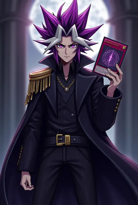 Create a Yu-Gi-Oh character with these terms; male, have a purple eyes, purple and white hair, wearing a  long black coat with a raised shoulder pad, and holding a Yu-Gi-Oh card.