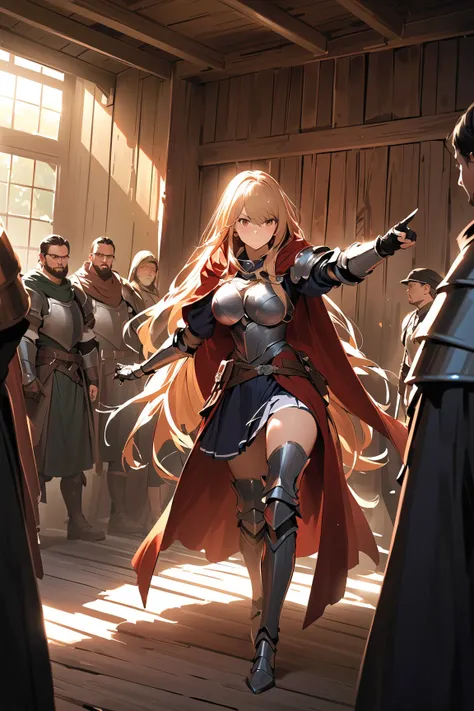 1 girl, (determined face), young adult, wavy long hair, (focused gaze:1.3), large breasts, athletic build, (wearing sturdy armor and a cloak), knee-length, (pointing at a quest notice),  
   BREAK  
   in front of an adventurer guild quest board, surrounde...