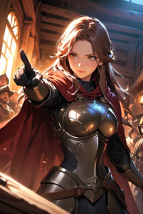 1 girl, (determined face), young adult, wavy long hair, (focused gaze:1.3), large breasts, athletic build, (wearing sturdy armor and a cloak), knee-length, (pointing at a quest notice),  
   BREAK  
   in front of an adventurer guild quest board, surrounde...