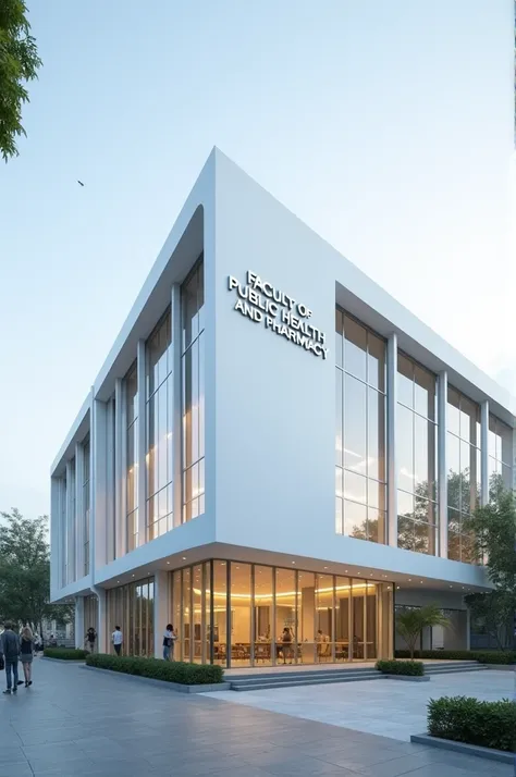 Create a modern building full glass in white color with the inscription of the Faculty of Public Health and Pharmacy of Retno University dumilah 