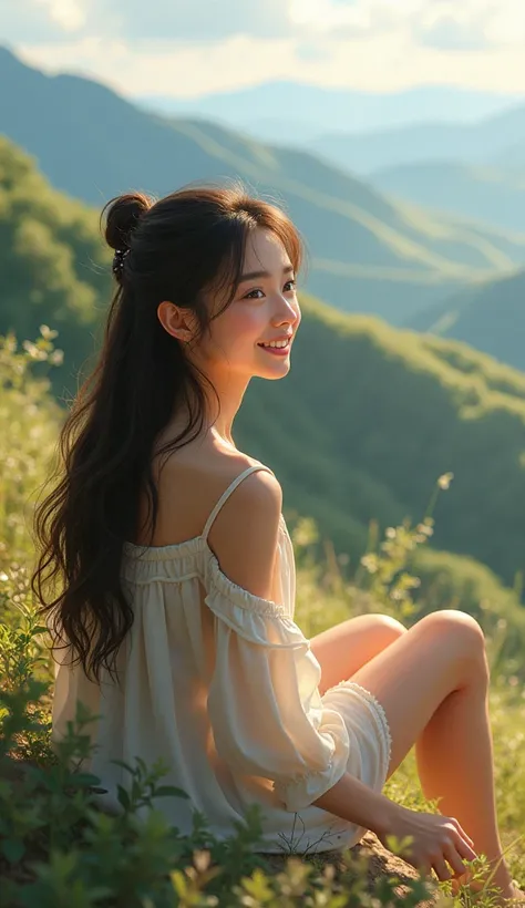 Realistic beautiful girl with a beautiful smile sitting watching the beautiful view at Jomphu