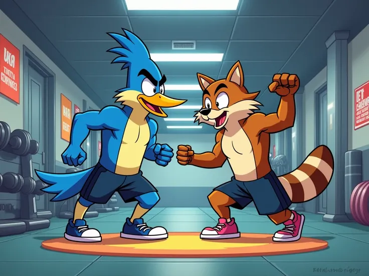 Generate a gym-themed image of Mordecai and Rigby