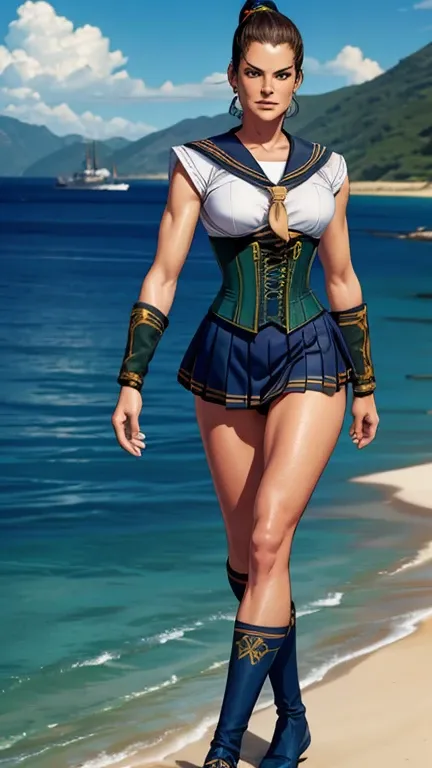 Terry Farrell: historical naval uniform: tribal tattoos: ponytail: pirate: blue and green: (Corset) Roxann Dawson: belanna torres: bare legs: fit body: ((1800 sailor uniform))