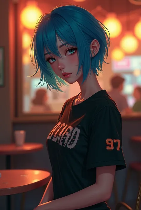 Make a sexy Asian teenage girl with short blue hair sitting in front of a coffee shop wearing a black short sleeve shirt with "eng" written on it and a number on the side of the shirt number "97"