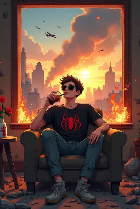 177 cm strature , 60 cm bust , 56 waist , 50 kg weight young white Man chill laying on caoch in the middle of a burning house wearing black tshirt spiderman icon and trousers, drinking juice using straw and wearing sunglasses smiling relaxed happy  , in mi...