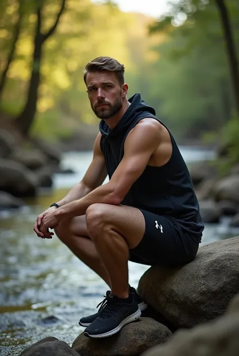 photo of dustin_zito, wearing a sleeveless well-fitted Under Armour hoodie and compression shorts in a forest wearing sneakers sitting on a boulder near a creek, 35mm photograph, film, bokeh, professional, 4k, highly detailed creek in the background, natur...