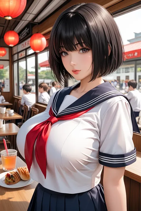 illustration, Japanese woman, black hair, short cut hair, straight hair, white school sailor uniform, short sleeve school sailor uniform, red ribbon tie, covered huge breasts, braless, cafe, summer evening