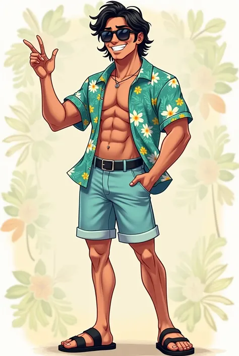 
- **appearance:**  Young man with medium-length black hair up to the shoulders , dark sunglasses, light skin.
- **outfit:**  Hawaiian short sleeve shirt with a print of tropical flowers in shades of turquoise ,  white and yellow ,  showing chest hair .  L...