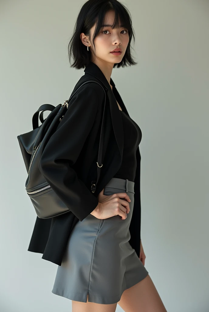 " An attractive young woman posing with confidence ,  wears a black jacket combined with a gray skirt dress.  Her posture elegantly highlights her figure ,  with a touch of sensuality . Wearing a huge culottes on his back, black hair.