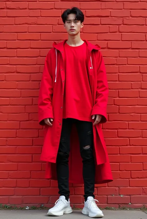 Photo of a Korean bloke wearing a Red  long t-shirt jacket and black long jeans ripped knee thin White shoes again on Top of the tembok merah 