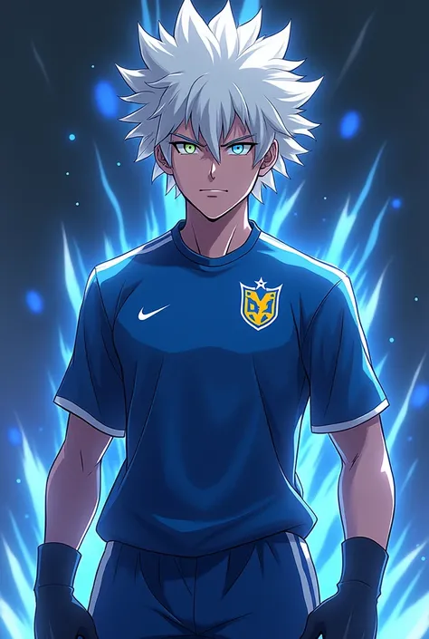 Create a soccer player wearing a muscular young soccer outfit for the Blue Lock anime, similar to Barou , with eyes of different colors and white hair with the face of a villain and a frightening aura behind him