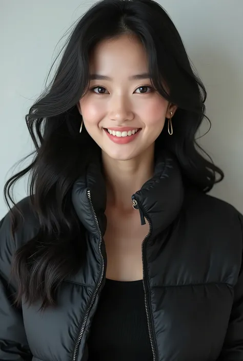  beautiful Korean women with good ratios、 black hair、ウェーブヘア、 Hairstyle shortcuts、、、Ear piercing、 black down jacket、smile、 beautiful alignment of teeth、 trainer、 upper body、 Neutral Backgrounds 、 frontal angle
