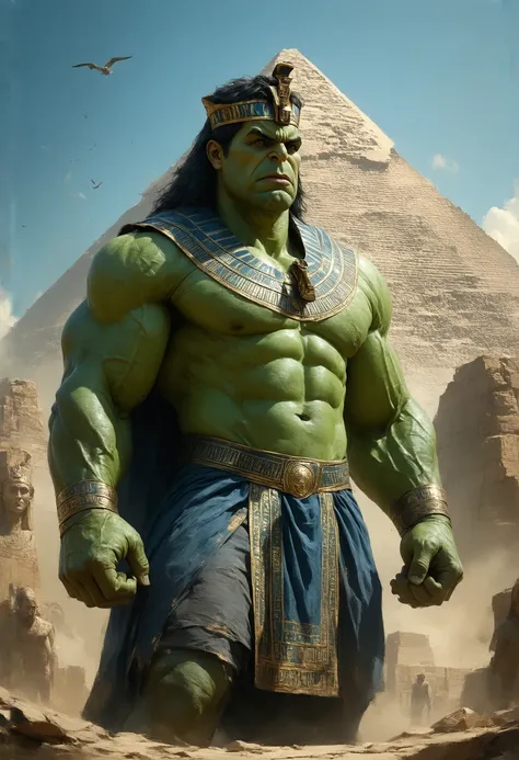  An imposing Hulk dressed in pharaoh clothes ,  including a richly detailed tunic ,  adorned with hieroglyphics and gold embroidery .  He wears a traditional Egyptian crown , with a serpent in front ,  symbolizing power and protection .  The Hulk is in a m...