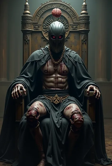  A dark-skinned knight ,  marked by decay and horror ,  he is seated on a dark throne ,  radiating an aura of disturbing power . His crumpled helmet ,  made of opaque black metal ,  displays eye holes ,  from which thin lines of living blood flow ,  a maca...