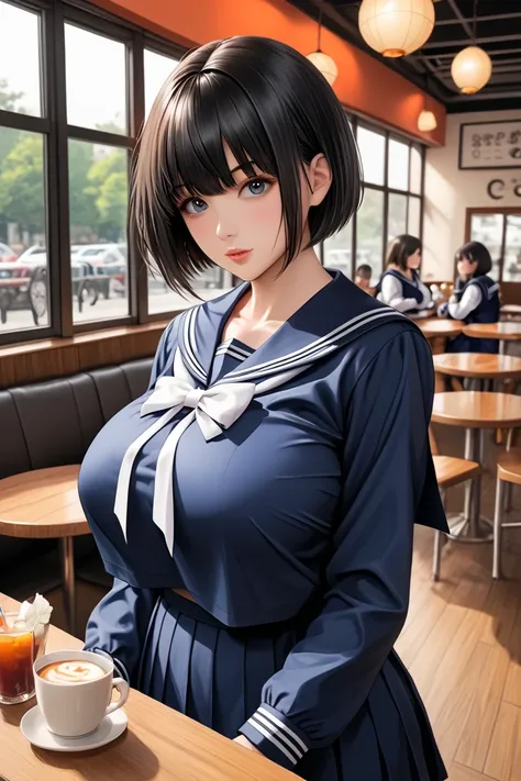 illustration, Japanese woman, black hair, short cut hair, straight hair, blue school sailor uniform, long sleeve school sailor uniform, white ribbon tie, covered huge breasts, braless, cafe, summer evening