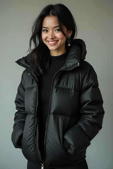  has her butt hidden in a 、with good ratios、 black hair、 Hairstyle shortcuts、、、Ear piercing、 black down jacket、smile、 beautiful alignment of teeth、 trainer、 upper body、 Neutral Backgrounds 、 frontal angle
