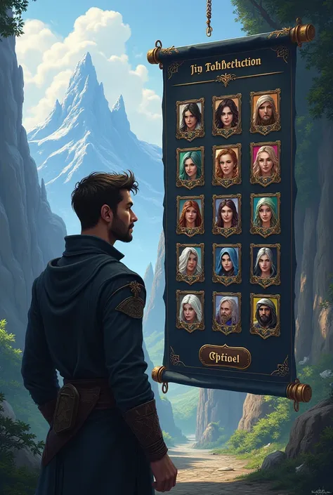 The menu for selecting game characters in the fantasy game world , , the guy looks hesitantly at the icons where different presses are represented,  high resolution 