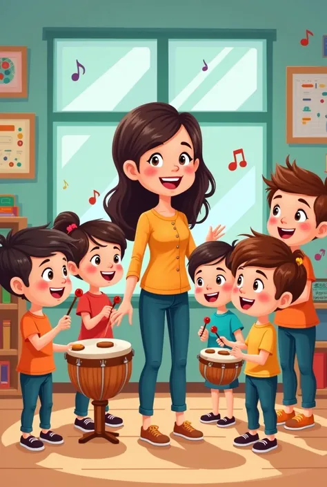 Make a cartoon of a kindergarten teacher with 6 boys and girls playing music 