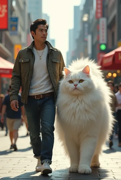 A handsome Asian guy walks dashing with a huge huge giant white ragdoll cat is walking