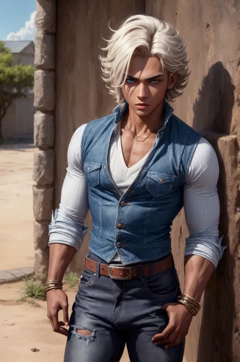 best quality, expressive eyes, perfect face, dark skin, highres, 1 boy solo, android 18 male, (male body:1.3), blue eyes, black hair, parted hair,chin length hair, white shirt, handsome, dark blue denim jeans, white sleeves,dark blue denim Vest, brown belt...