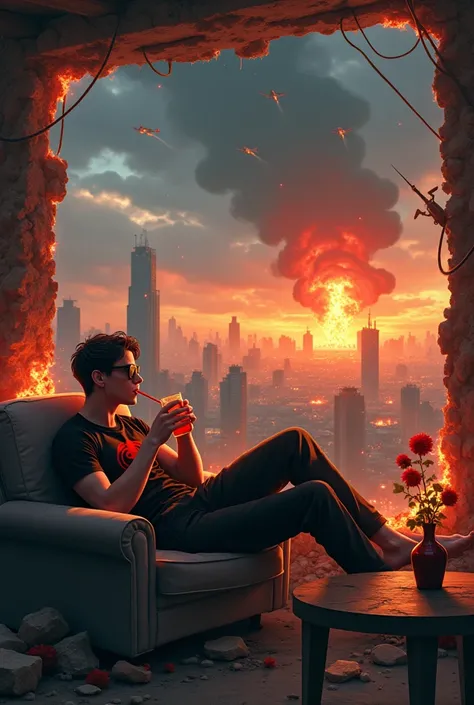 177 cm strature , 60 cm bust , 56 waist , 50 kg weight young white Man chill laying on coach n the middle of a burning rubble no roof and fallen walls wearing black tshirt spiderman icon and trousers, drinking juice using straw and wearing sunglasses smili...