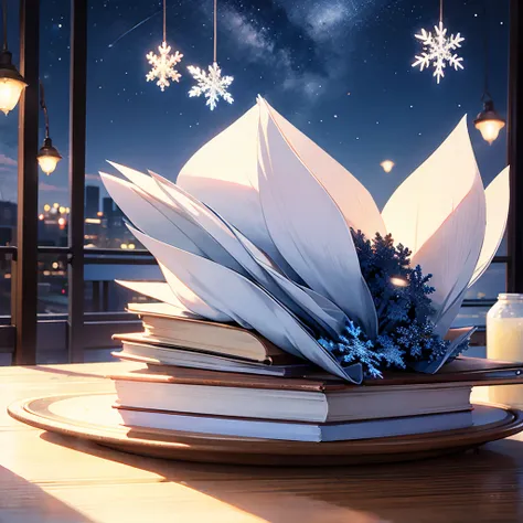 A book placed on a table、 Snowflakes 、Night Sky