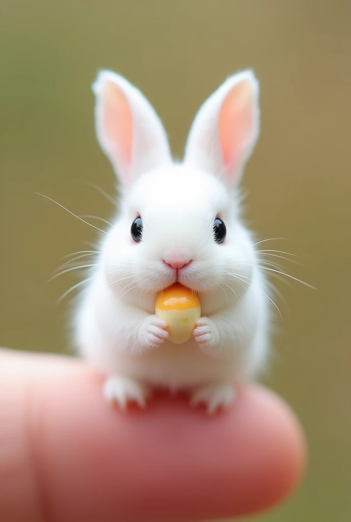 There is a little bunny on the finger ， Little Minzis body is the size of a nail cover ，White furry， It holds a small object similar to ice cream in its mouth。Natural background blurry ， to highlight the cute image of Little Minzi 。 a clear cute image of a...