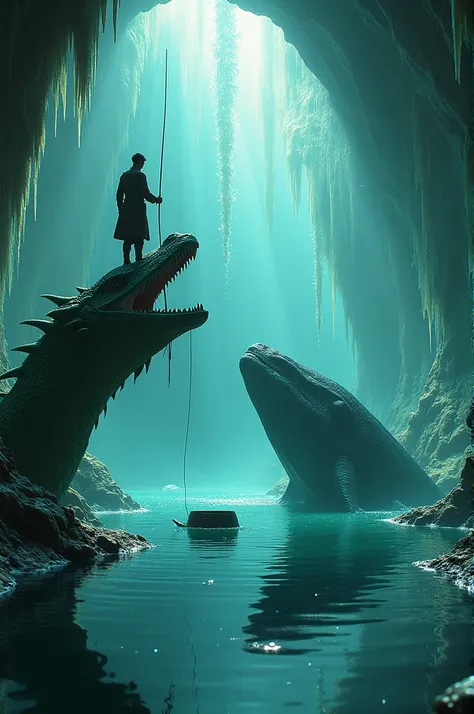  Depict a fisherman fishing on the head of a huge green dragon and having a huge whale devouring its pot in a cave full of salcytes and crystal clear water reflecting their shadows, visual science fiction 4k , cinematic, effect cgi , UHD, ultra detail,