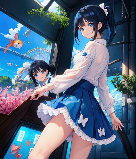 Like a game cover、background（aquarium、amusement park、people々There is、Date Scene、blue and black contrast）、 pose（ looking back）、 character（Tree Eyes,Sparkling blue eyes、smile）、Hairstyle（ medium hair ,  black and blue hair）、clothing（ white shirt with light bl...