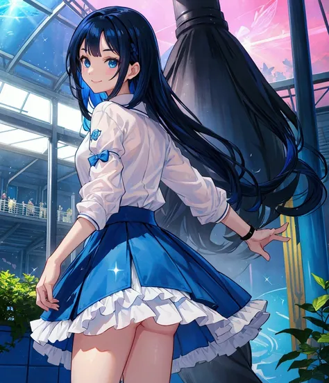 Like a game cover、background（aquarium、amusement park、people々There is、Date Scene、blue and black contrast）、 pose（ looking back）、 character（Tree Eyes,Sparkling blue eyes、smile）、Hairstyle（ medium hair ,  black and blue hair）、clothing（ white shirt with light bl...