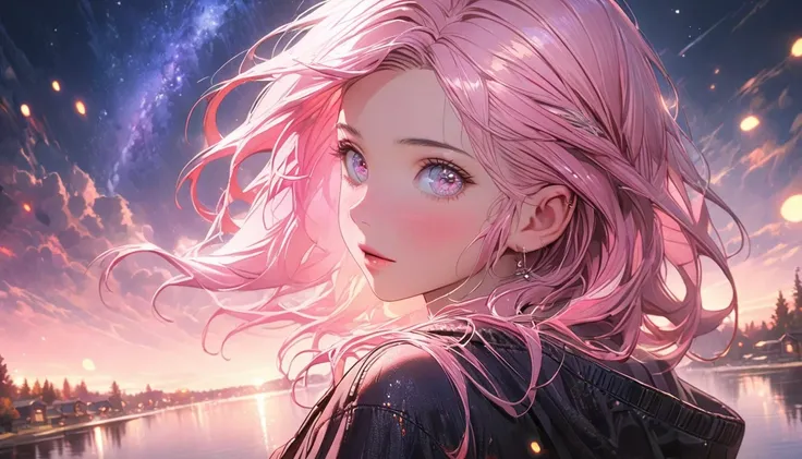 8k, old girl alone， extremely delicate and beautiful , beautiful and realistic skin , long shiny colored hair, pink hair , beautiful eyes ,black hoodie , A town with a beautiful night lake , symmetrical 