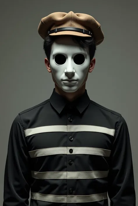 Man with short black hair,  white mask that covers the entire face with black eyes, horizontal black and white striped blouse and brown pilot hat with glasses on top