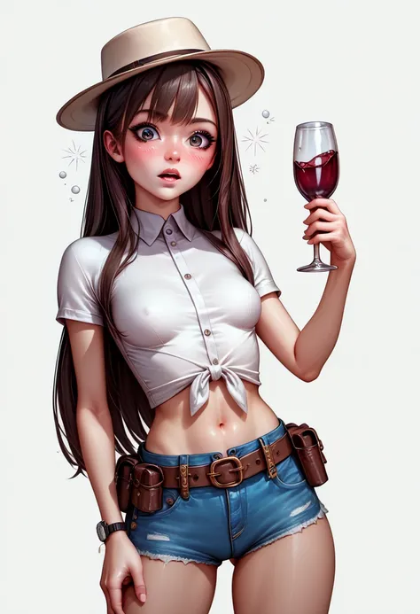    High resolution image , top quality ,((A beautiful Japanese woman １Please describe a person :1.5)),(( slender body:1.5)),((Drunk:1.2)) , real skin , small breasts,   shiny hair  ,  Super Detailed Black Eyes, simple background,((Western Belt)),((View wat...