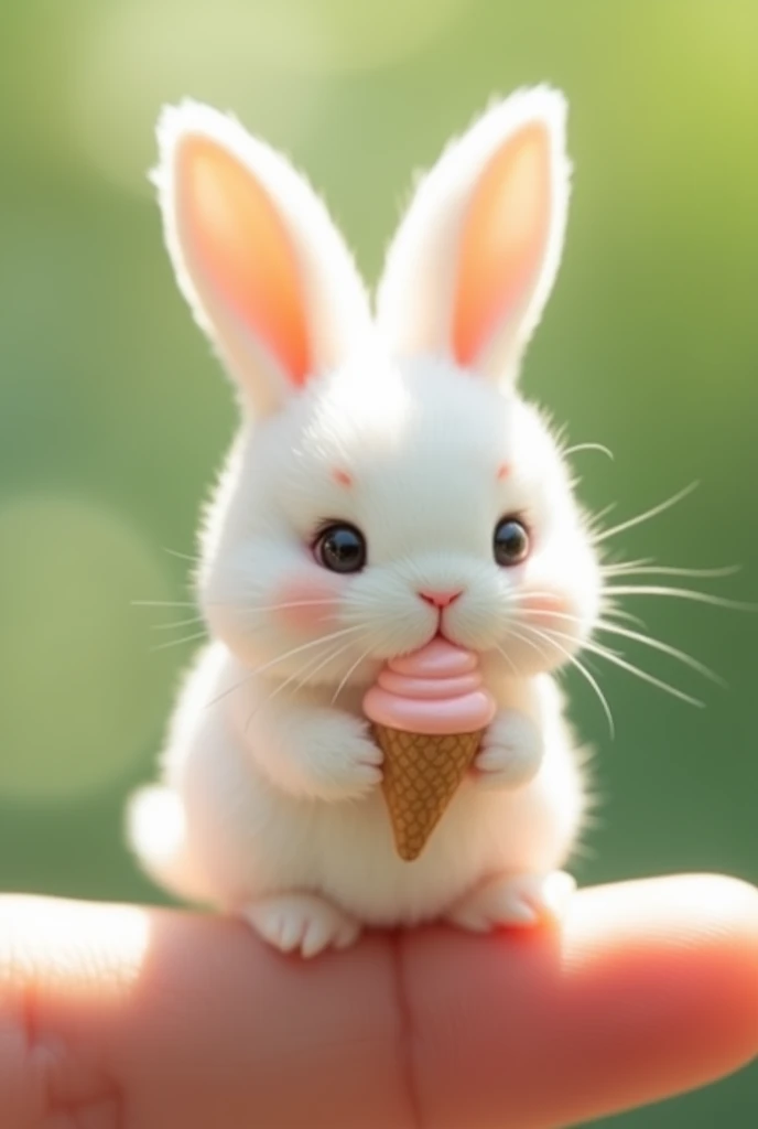 There is a little bunny on the finger ， Little Minzis body is the size of a nail cover ，White furry， It holds a small object similar to ice cream in its mouth。Natural background blurry ， to highlight the cute image of Little Minzi 。 a clear cute image of a...