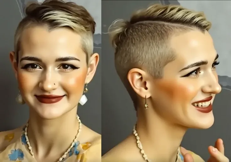 realistic image of a woman with a pixie undercut haircut, (looking at the viewer)
